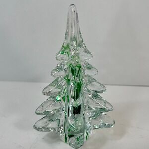 Art Glass Christmas Tree Figurine Clear with Green Swirl 5.25 Inch Holiday Decor